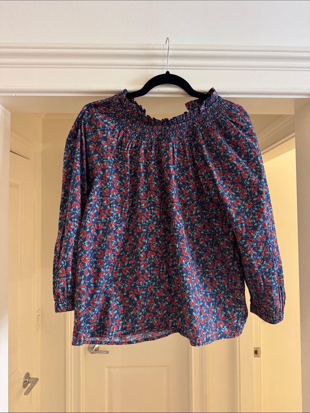 J. Crew Navy Floral Smocked-Top Blouse with Red & Navy Print